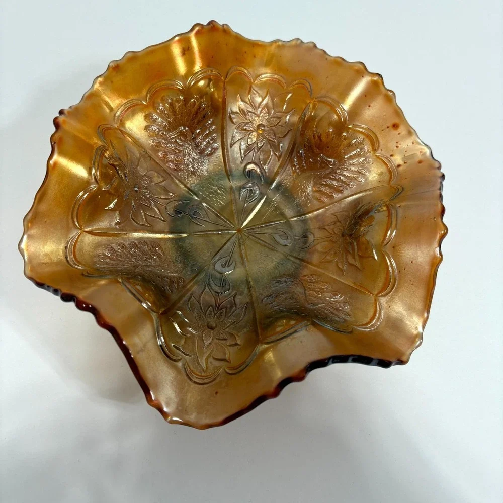 Vintage Marigold Carnival Glass Bowl Ruffle Edge IrIridescent Floral Collectible